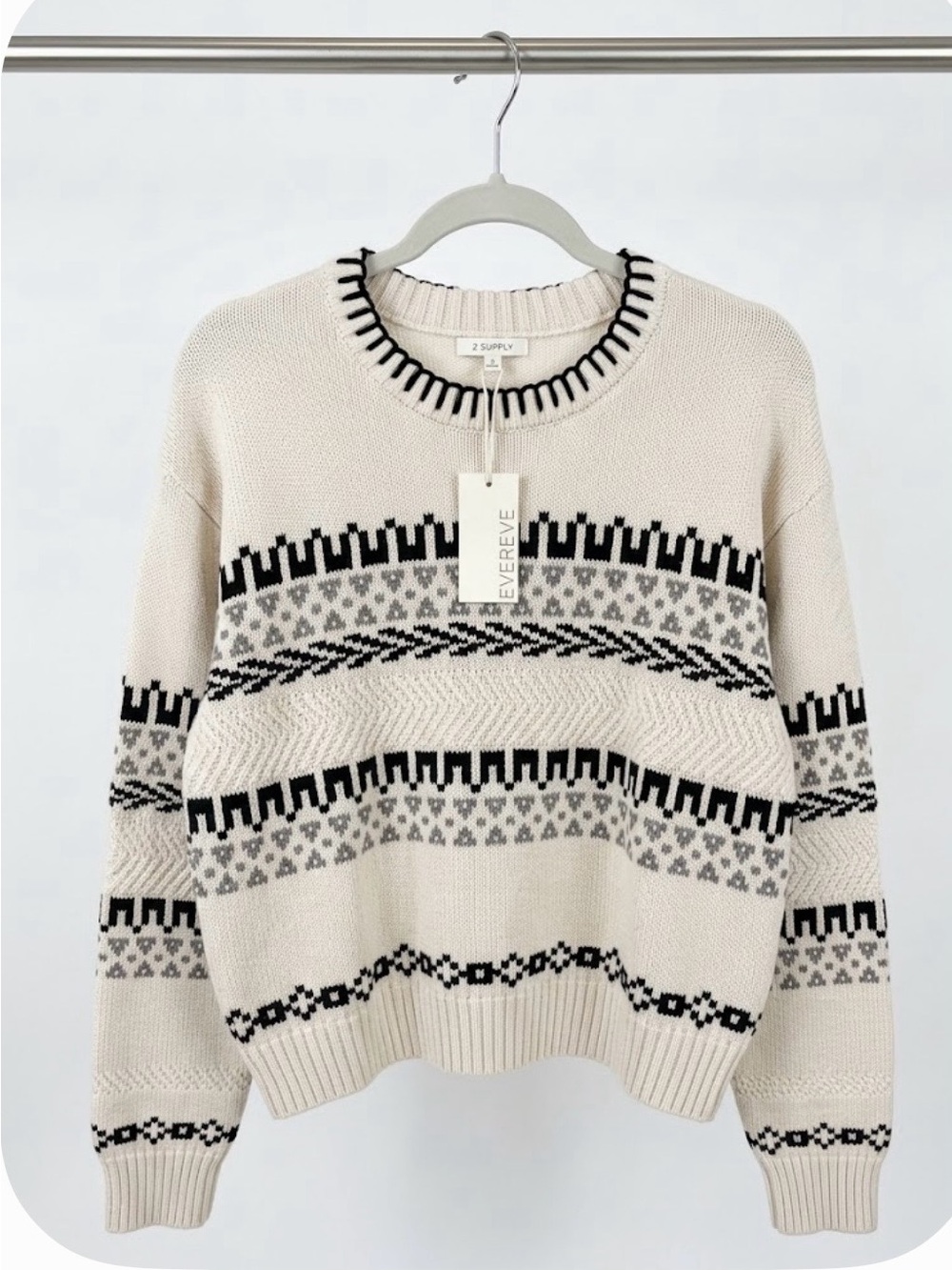 Z Supply Evereve NWT Perci Fair Isle Sweater Crystal Cream Black Size L